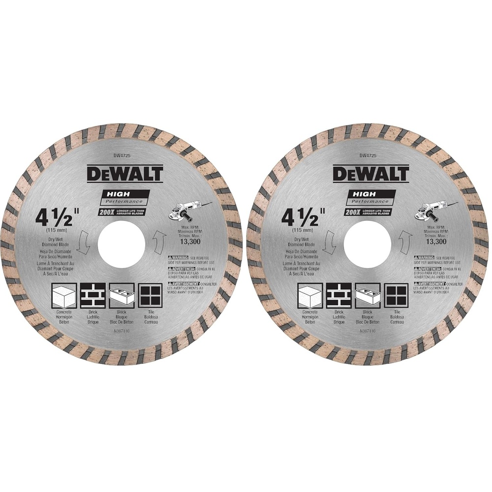image:imageDEWALT Diamond Blade for Masonry Dry Cutting Continuous Rim 78Inch Arbor 412Inch DW47251 Count Pack of 2