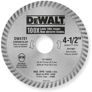DEWALT Diamond Blade, Dry or Wet Cutting, Continuous Rim, 7/8-Inch Arbor, 4-1/2-Inch (DW4701)