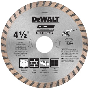 DEWALT Diamond Blade for Masonry, Dry Cutting, Continuous Rim, 7/8-Inch Arbor, 4-1/2-Inch (DW4725)(1 Count (Pack of 1))