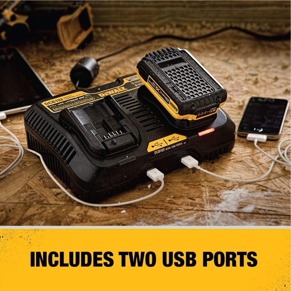 image:imageDEWALT 1220V MAX Battery Charger Corded Dual Charging Station 2USB Ports Included DCB102
