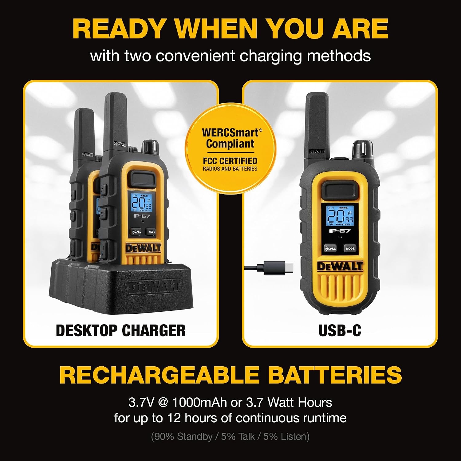 image:imageDEWALT DXFRS800 FRS Walkie Talkies Long Range 2 Way Radio 2W IP67 Waterproof Rechargeable 2 Pack DXFRS8001 Watt 2 Pack