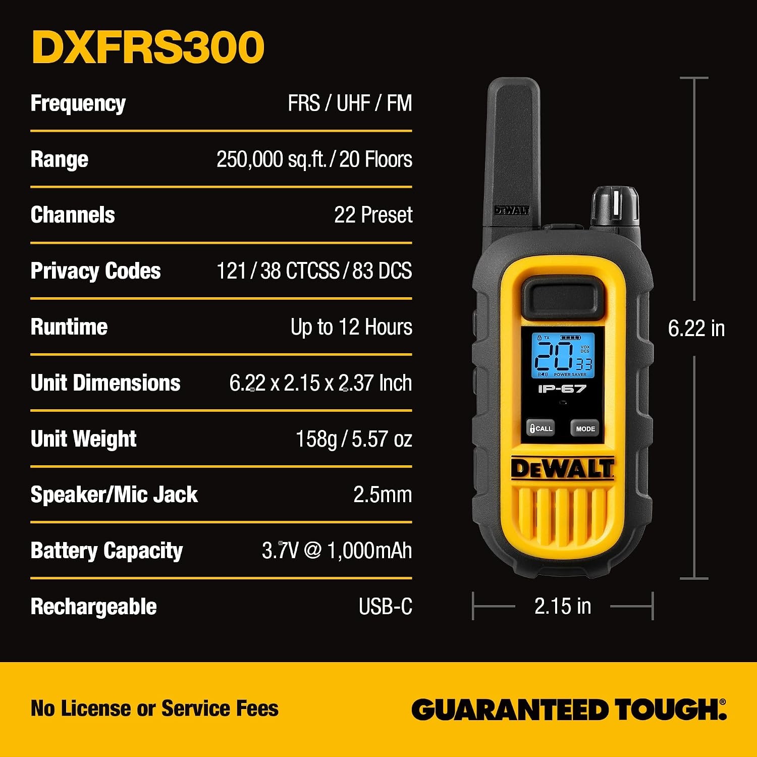 image:imageDEWALT DXFRS800 FRS Walkie Talkies Long Range 2 Way Radio 2W IP67 Waterproof Rechargeable 2 Pack DXFRS8001 Watt 2 Pack