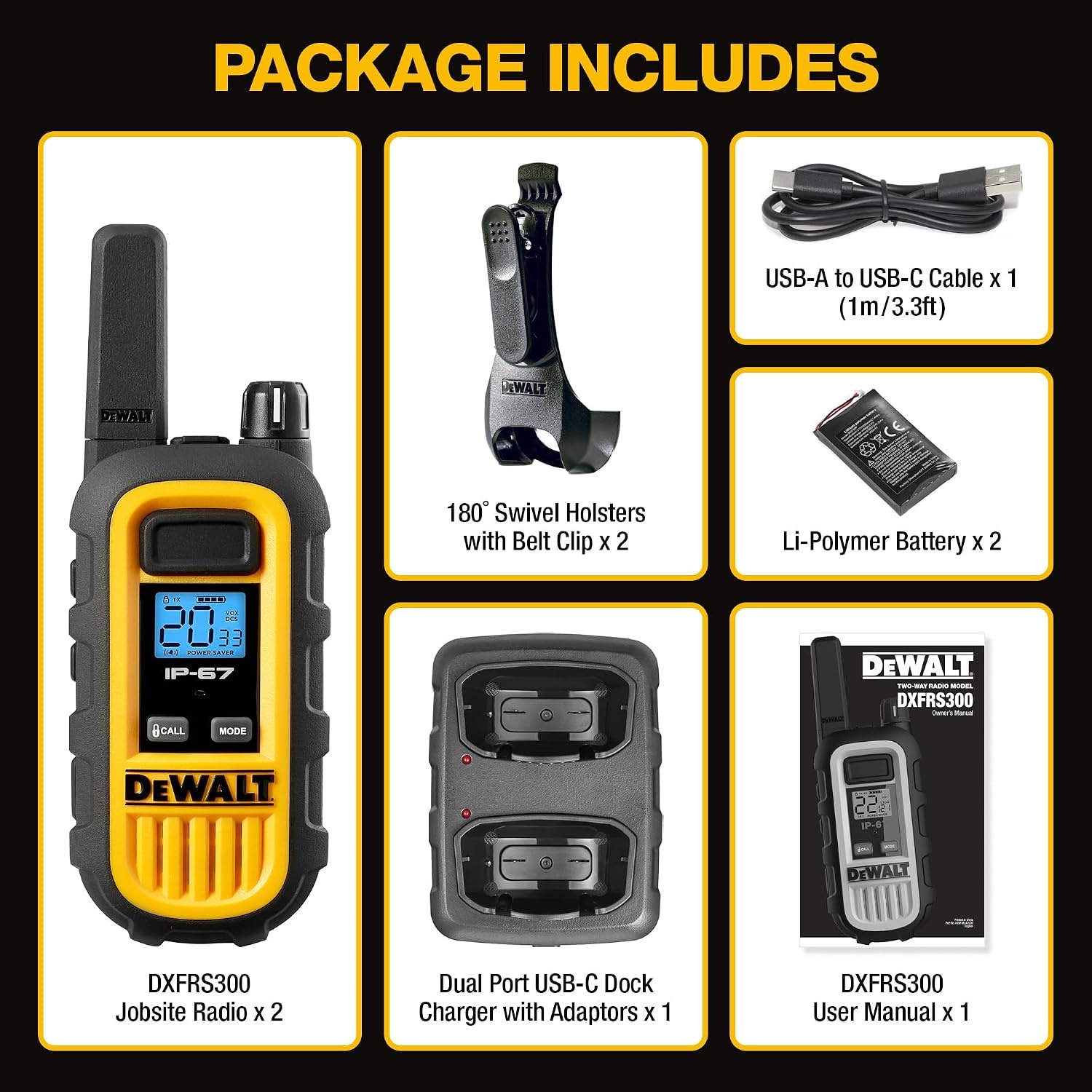 image:imageDEWALT DXFRS800 FRS Walkie Talkies Long Range 2 Way Radio 2W IP67 Waterproof Rechargeable 2 Pack DXFRS8001 Watt 2 Pack