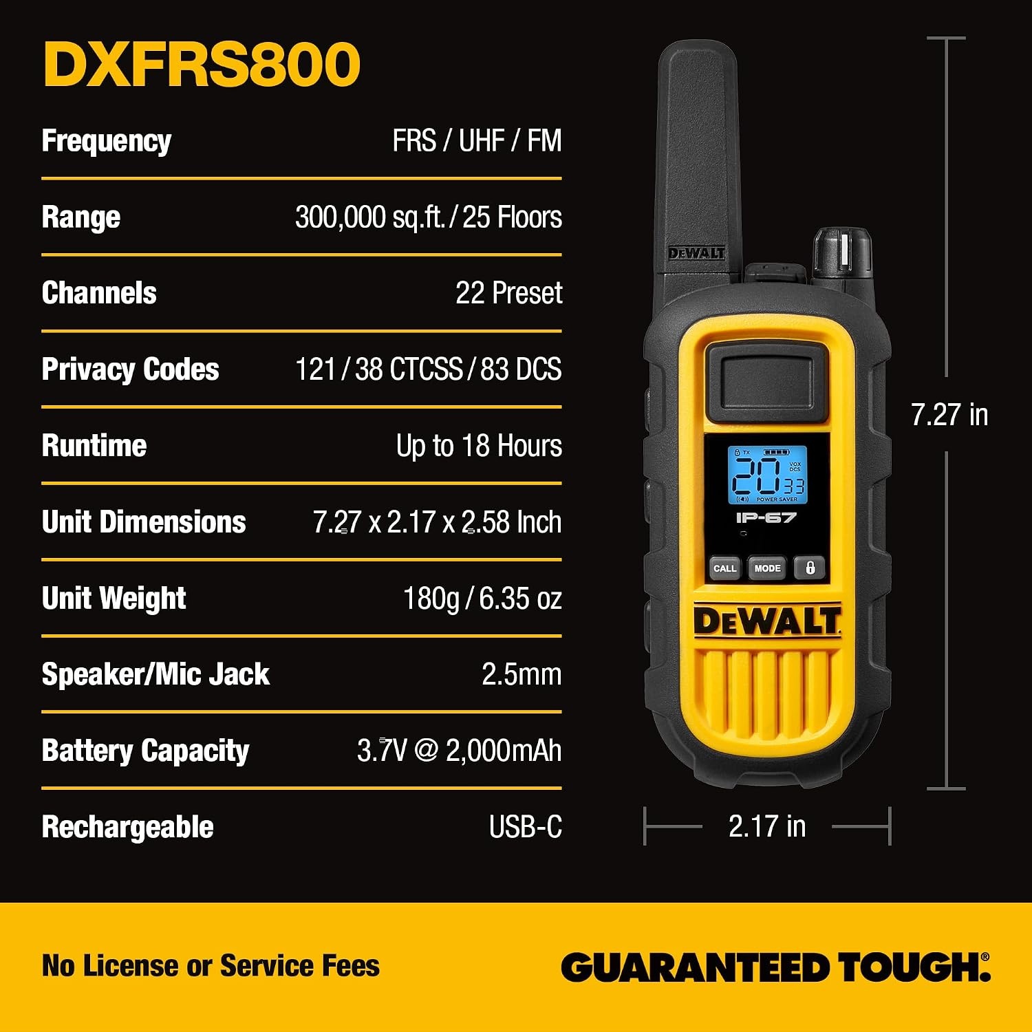 image:imageDEWALT DXFRS800 FRS Walkie Talkies Long Range 2 Way Radio 2W IP67 Waterproof Rechargeable 2 Pack DXFRS8002 Watt 2 Pack