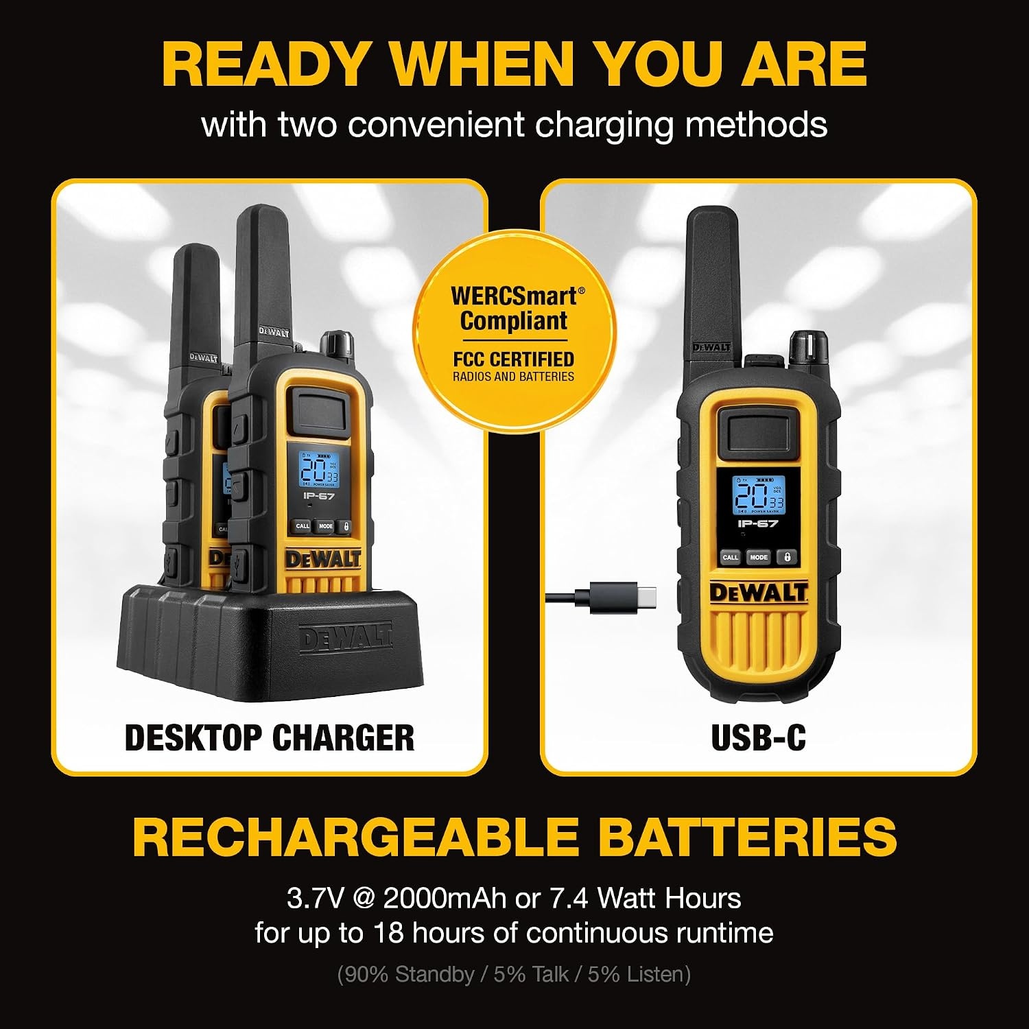 image:imageDEWALT DXFRS800 FRS Walkie Talkies Long Range 2 Way Radio 2W IP67 Waterproof Rechargeable 2 Pack DXFRS8002 Watt 2 Pack