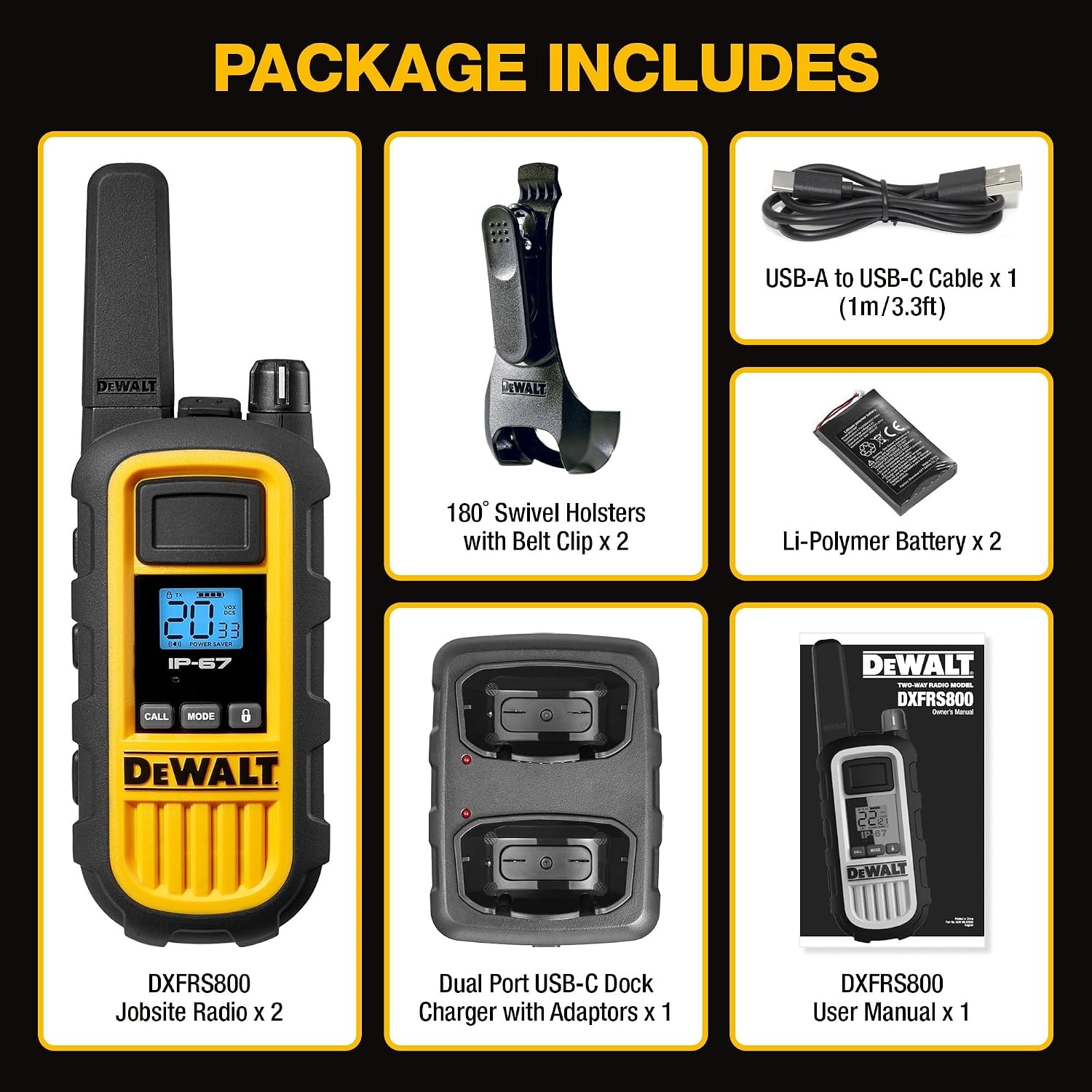 image:imageDEWALT DXFRS800 FRS Walkie Talkies Long Range 2 Way Radio 2W IP67 Waterproof Rechargeable 2 Pack DXFRS8002 Watt 2 Pack