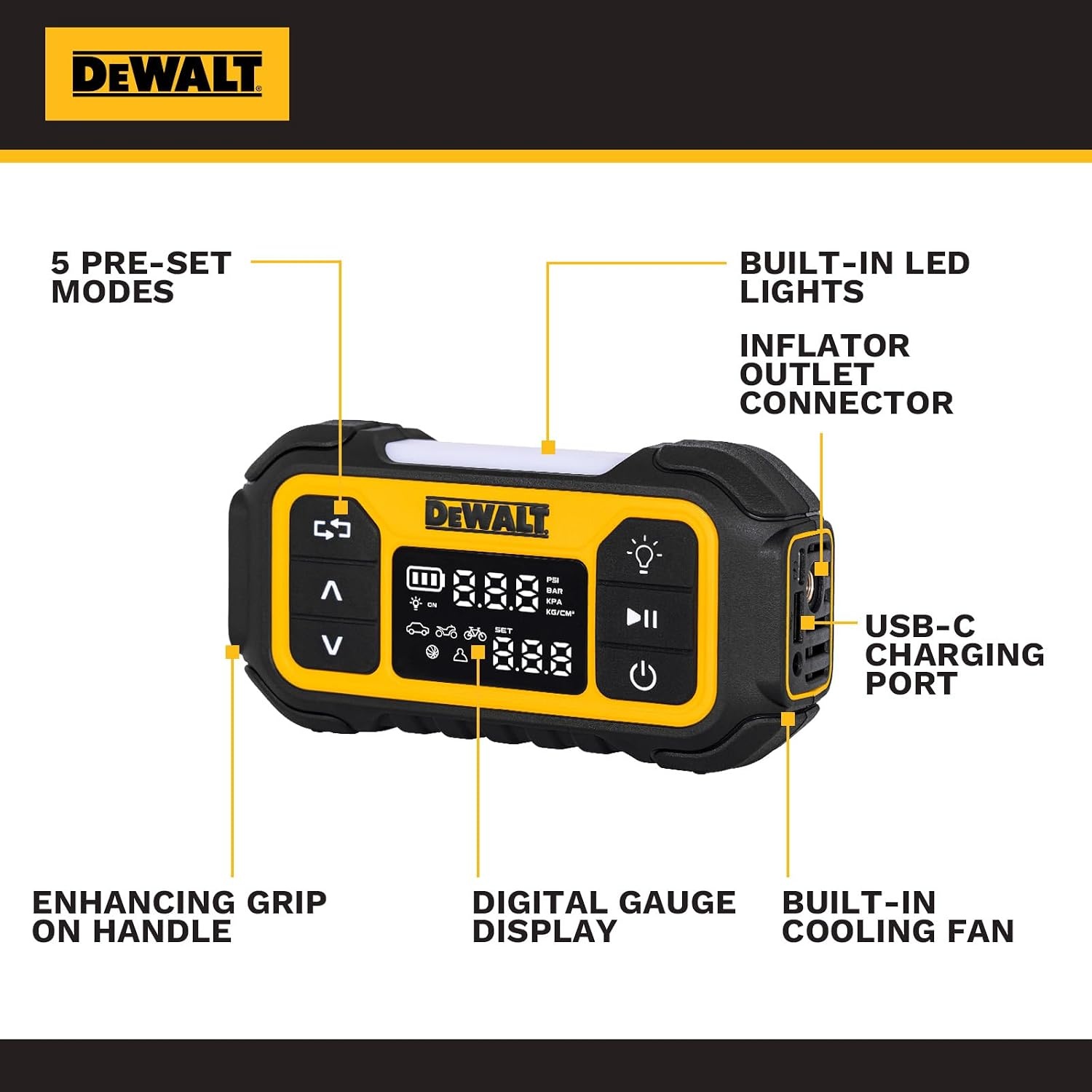 image:imageDEWALT Tire Inflator Portable Air Compressor with Digital Pressure Gauge amp Auto Shut Off 150 PSI 12V DC Corded amp Battery Powered Car Tire Pump with LED Light for Car Motorcycle Bike Sports Balls