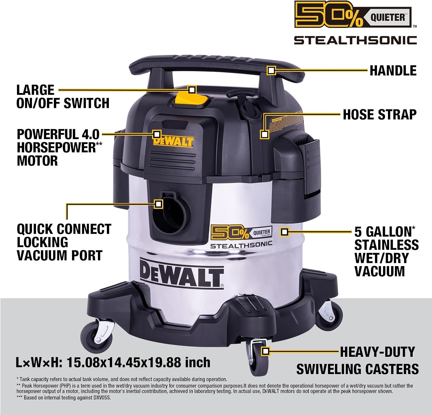 image:imageDEWALT STEALTHSONIC 5 Gallon Shop Vacuum Wet and Dry 4 Peak HP DXV05SQT Powerful Suction amp Portable Shop Vac with Attachments Ultra Quiet Wet Dry Vacuum for Home Garage Car Workshop Jobsite5 Gallon 1 Dust Bag