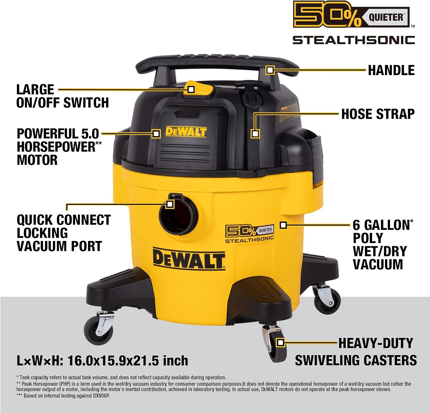 image:imageDEWALT STEALTHSONIC Wet Dry Shop Vacuum 6 Gallon 5 Peak HP DXV06PQTA Ultra Quiet Motor with Powerful Suction 6 Dust Bages and Complete Attachment Set for Garage Workshop Jobsite and Basement6 Gallon 1 Dust Bag