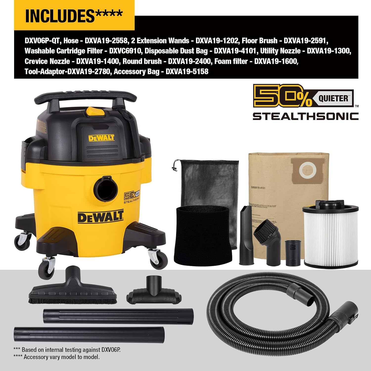 image:imageDEWALT STEALTHSONIC Wet Dry Shop Vacuum 6 Gallon 5 Peak HP DXV06PQTA Ultra Quiet Motor with Powerful Suction 6 Dust Bages and Complete Attachment Set for Garage Workshop Jobsite and Basement6 Gallon 1 Dust Bag