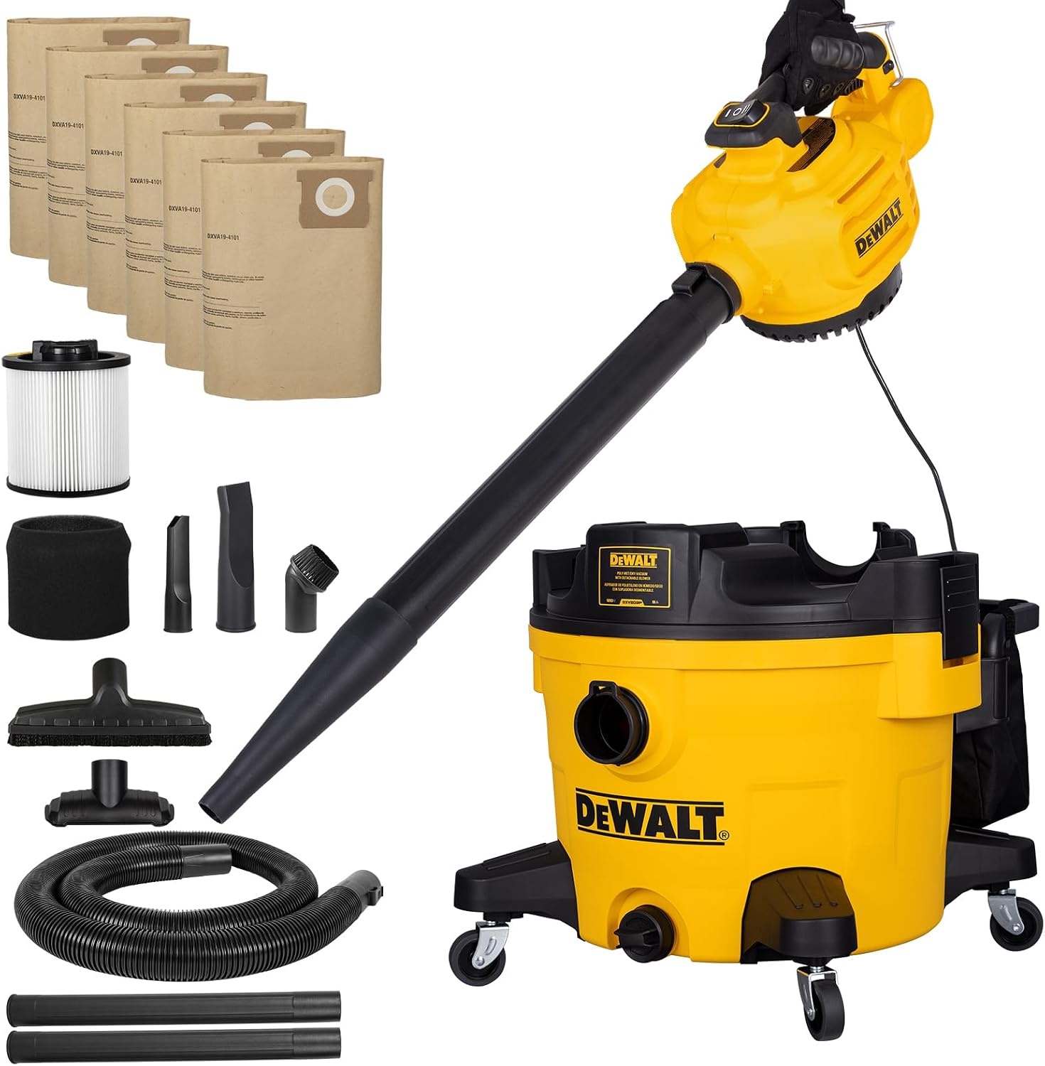 image:imageDEWALT Shop Vacuum Wet and Dry 9 Gallon 5 HP with Detachable Blower Full Accessory Kit amp Storage Bag ideal for Garage Workshop Lawn Yard Patio amp Outdoor Leaves Cleaning DXV209PC9 Gallon 6 Dust Bags