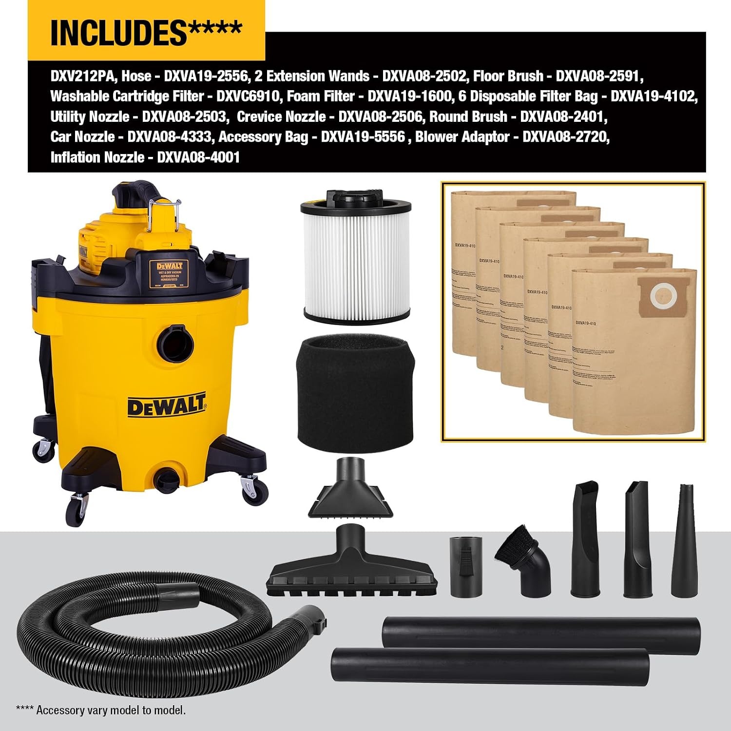 image:imageDEWALT Shop Vacuum Wet and Dry 9 Gallon 5 HP with Detachable Blower Full Accessory Kit amp Storage Bag ideal for Garage Workshop Lawn Yard Patio amp Outdoor Leaves Cleaning DXV209PC12 Gallon 6 Dust Bags