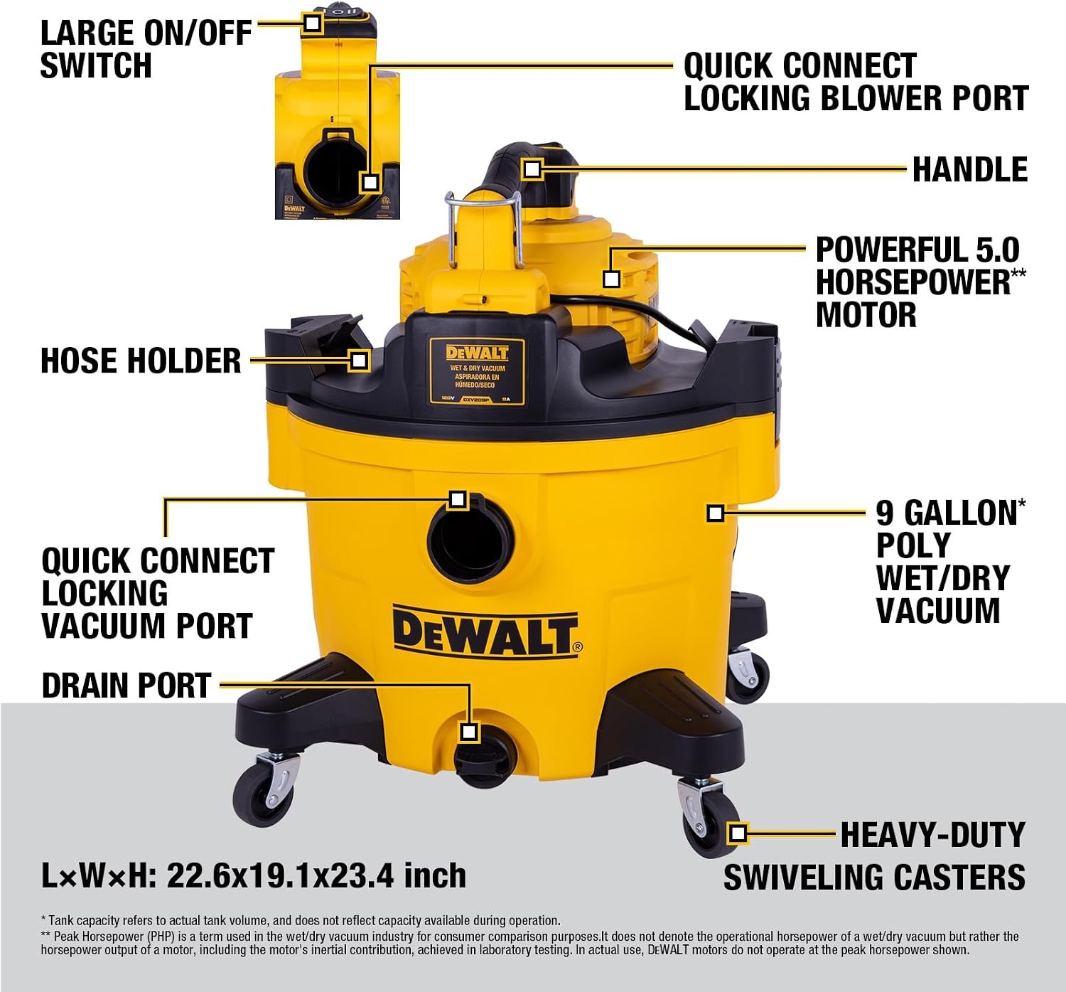 image:imageDEWALT Shop Vacuum Wet and Dry 9 Gallon 5 HP with Detachable Blower Full Accessory Kit amp Storage Bag ideal for Garage Workshop Lawn Yard Patio amp Outdoor Leaves Cleaning DXV209PC9 Gallon 6 Dust Bags